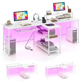 Ecooso - 2-Person Reversible Computer Desk, Long Office Workstation with LED Lights for Home Office - White