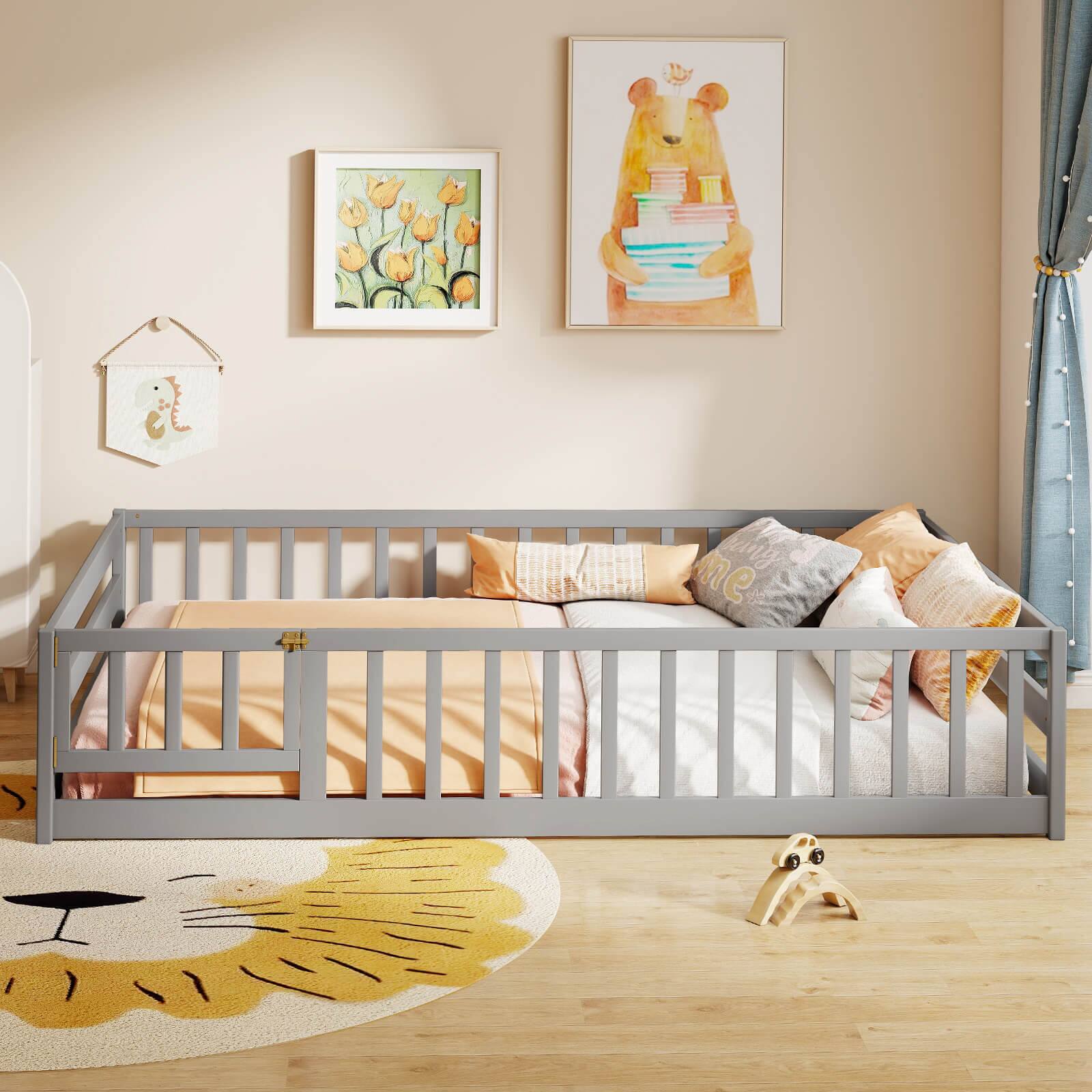 Alt View 4. Costway - Costway Full Size Floor Bed with Full Length Safety Guardrails & Door for Boys, Girls - Gray.