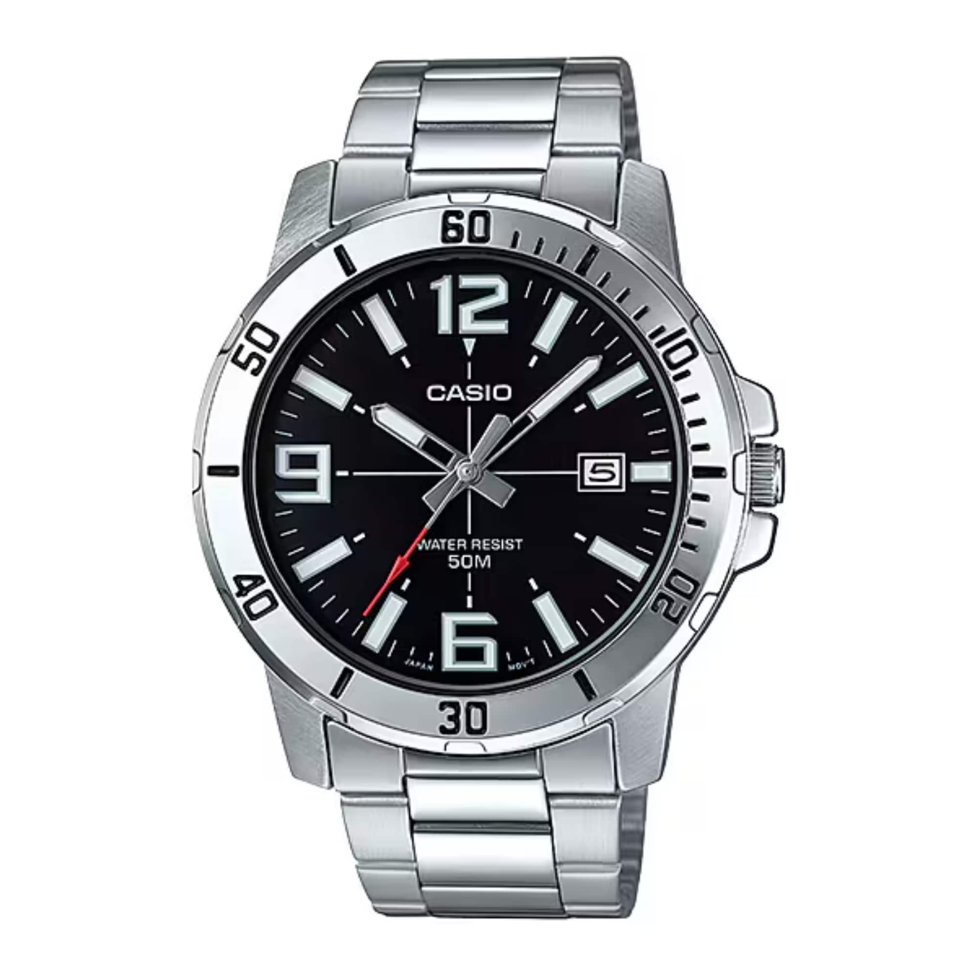 Casio - Men’s Black Dial Analog Watch Steel Bracelet - MTP-VD01D-1BVUDF - Silver price history on PriceWatchPro