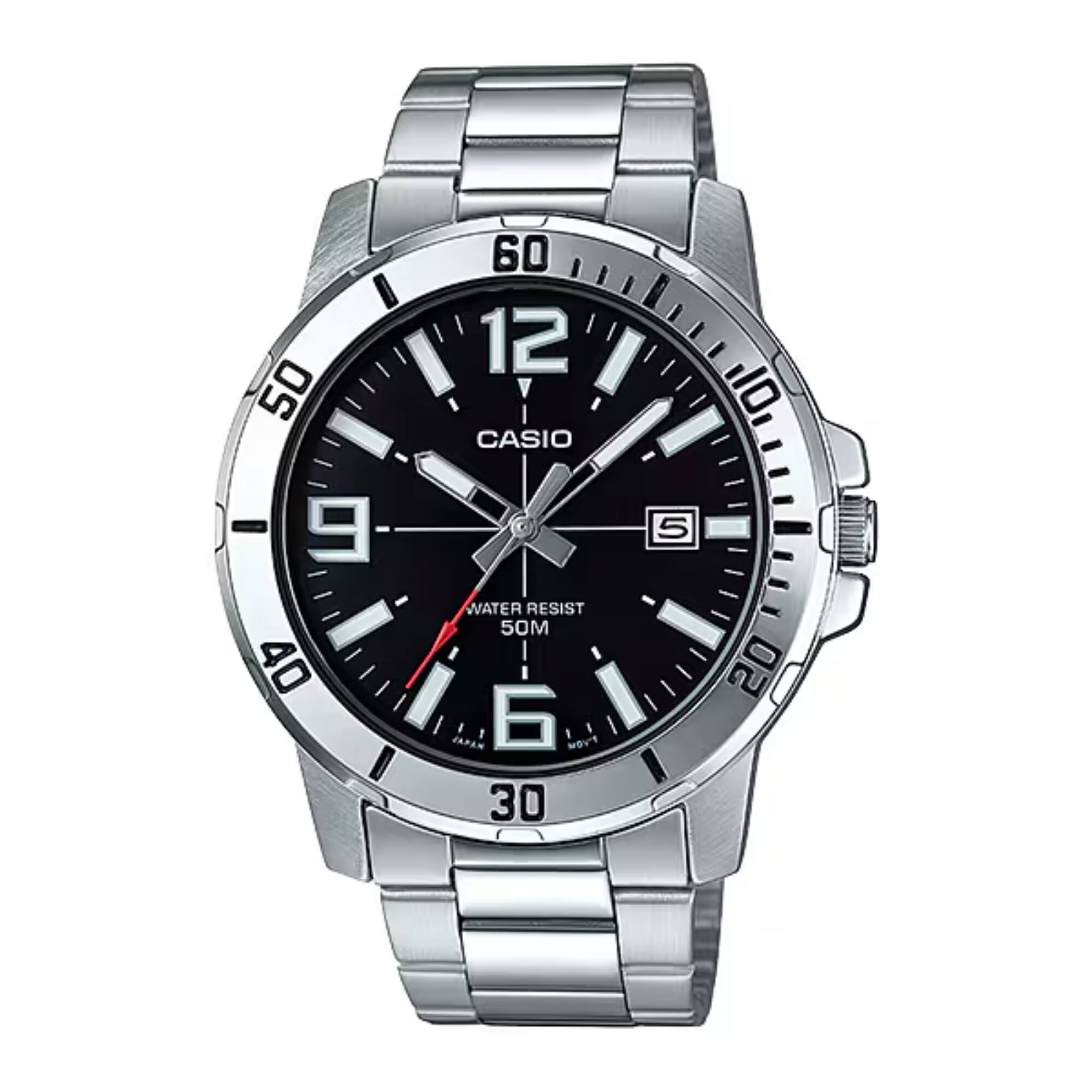 Casio - Men’s Black Dial Analog Watch Steel Bracelet - MTP-VD01D-1BVUDF - Silver