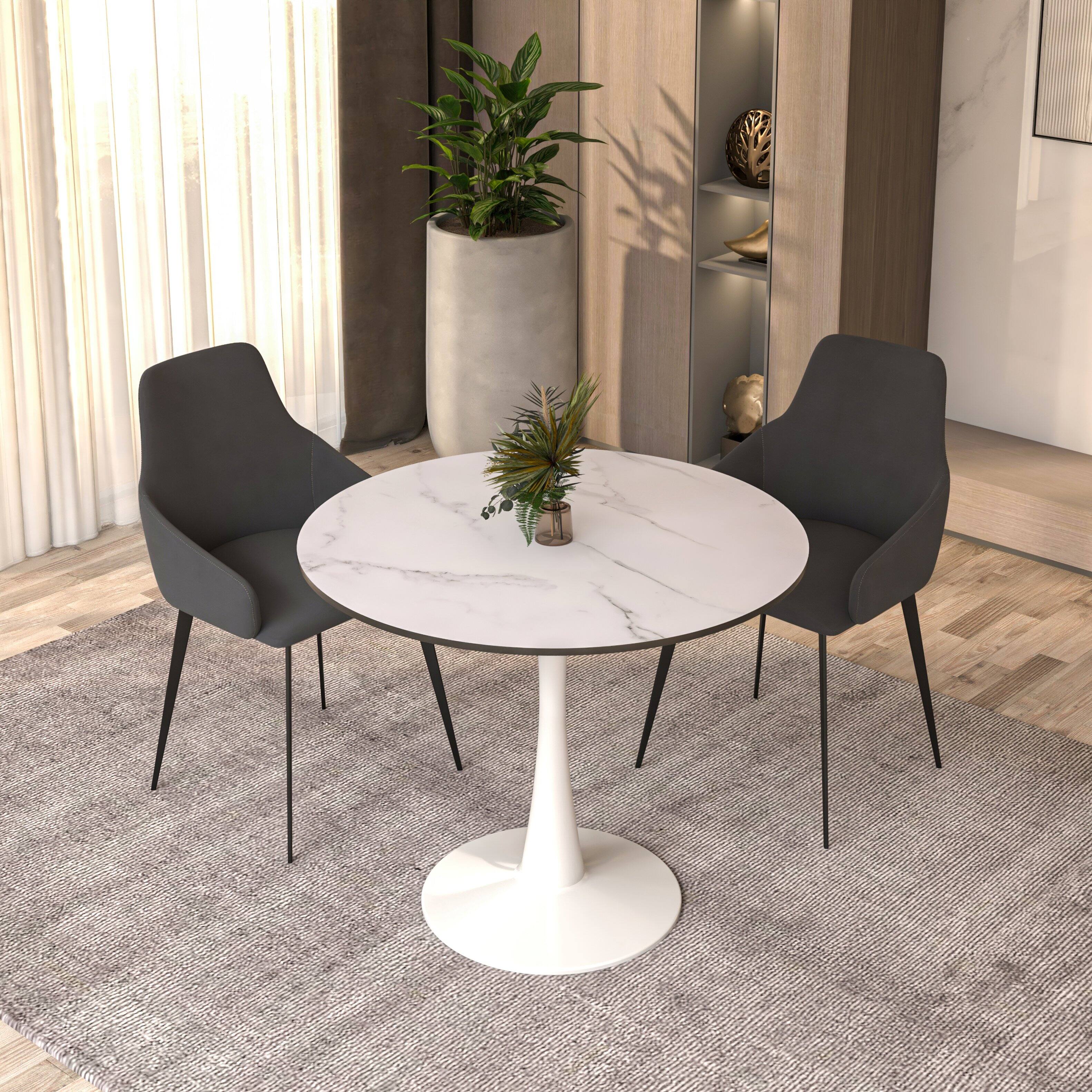 Left. LeisureMod - Bristol Modern 35" MDF/Stone Round Dining Table, Mid-Century with White Pedestal Base for Kitchen - MDF - Marbled White.