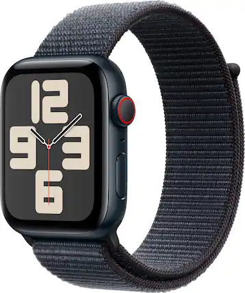 Angle. Apple - Apple Watch SE 2nd Generation (GPS+Cellular) 44mm Aluminum Case with Ink Sport Loop - Midnight.