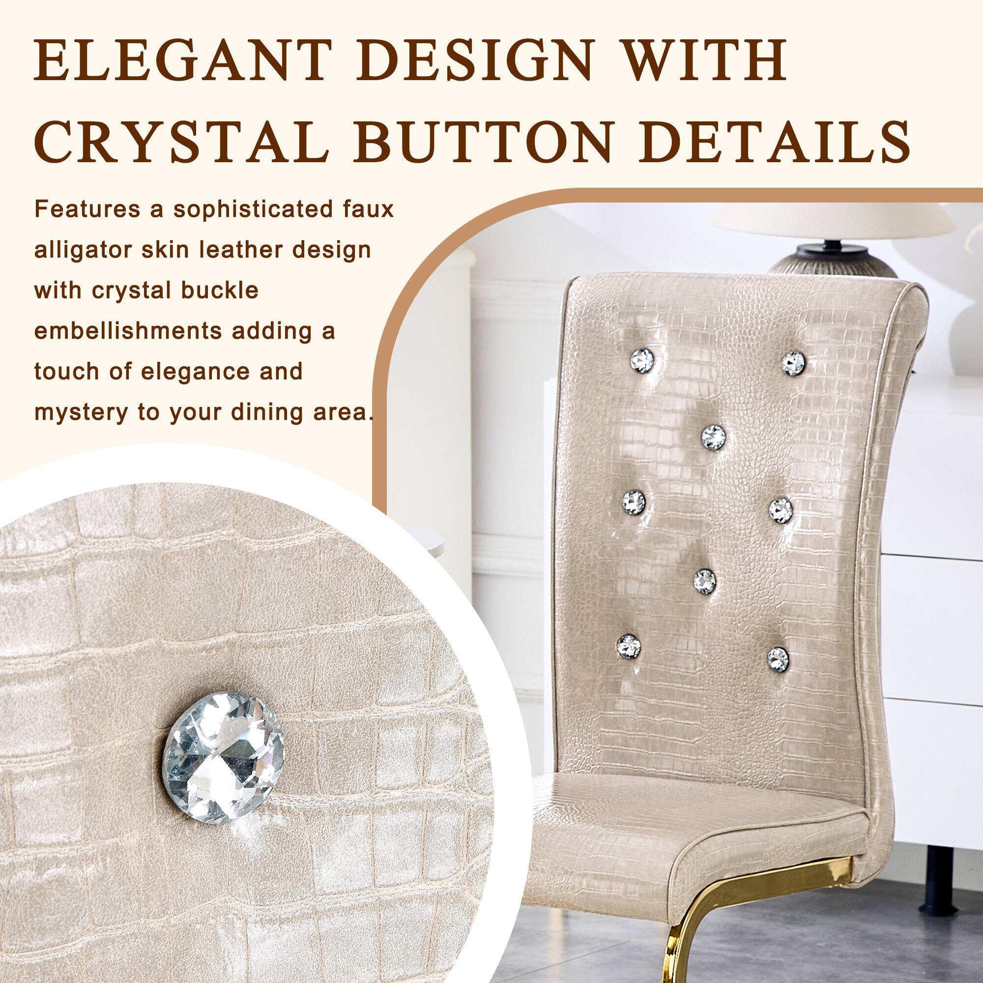 ELEGANT DESIGN WITH CRYSTAL BUTTON DETAILS

Features a sophisticated faux alligator skin leather design with crystal buckle embellishments adding a touch of elegance and mystery to your dining area.