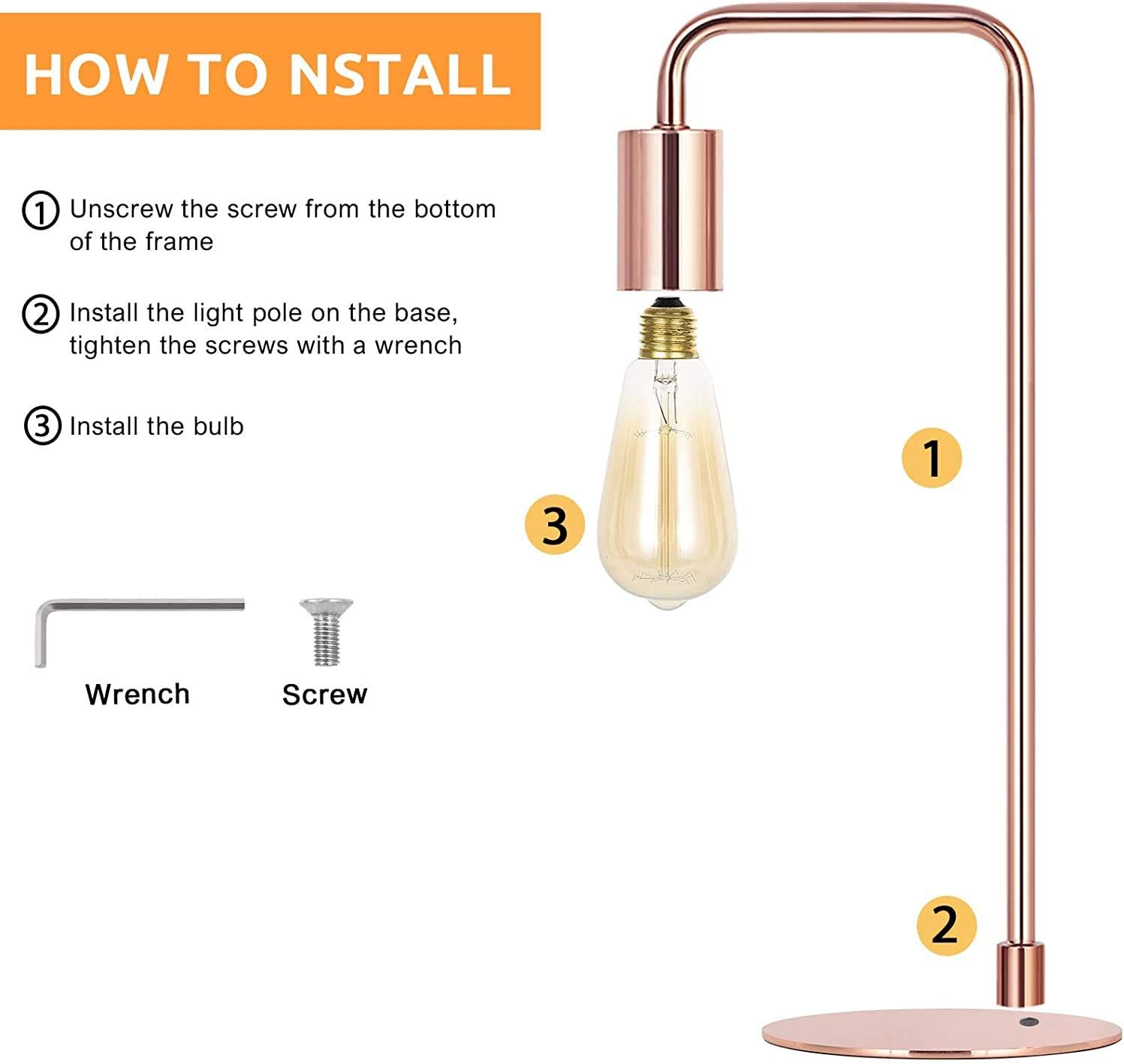 HOW TO INSTALL

1. Unscrew the screw from the bottom of the frame
2. Install the light pole on the base, tighten the screws with a wrench
3. Install the bulb

1 Wrench
2 Screw