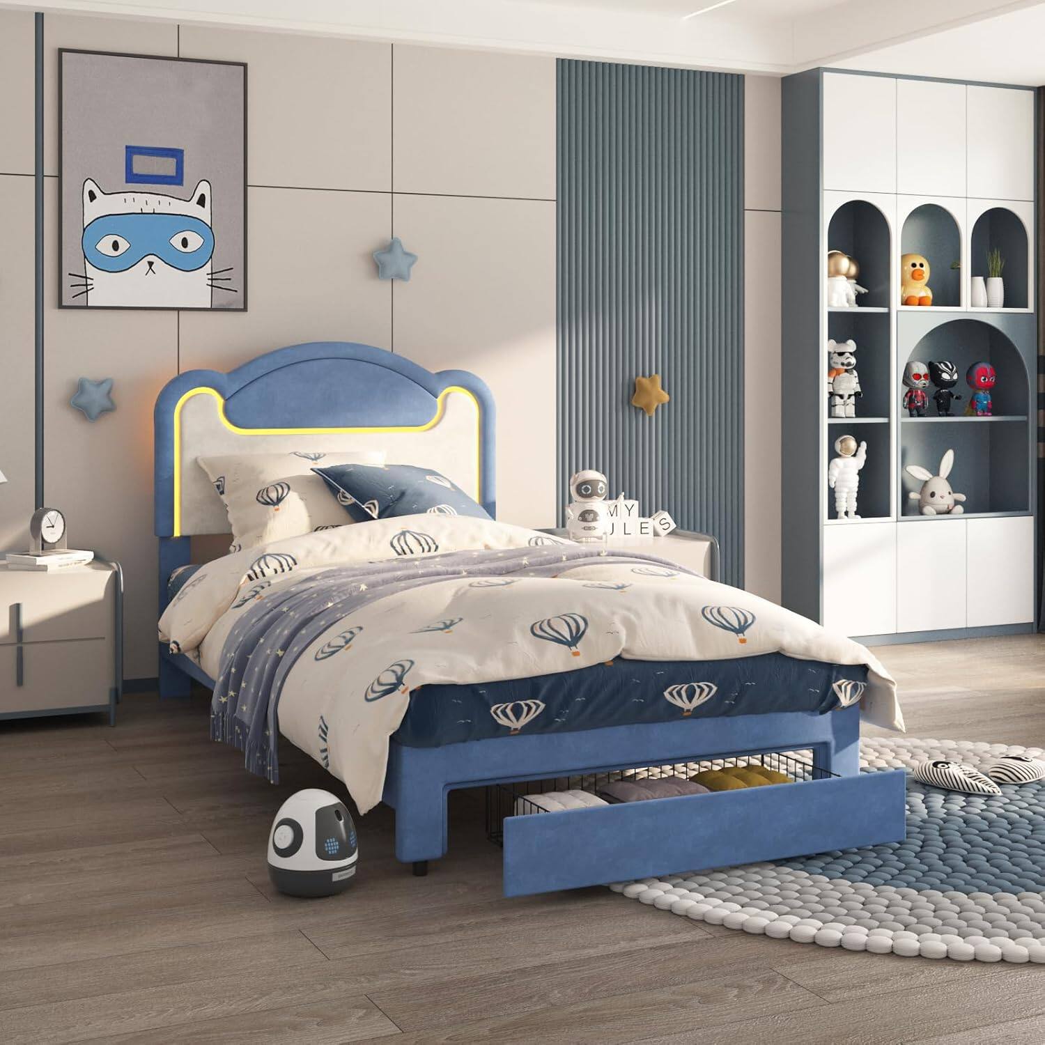 Front. Homhougo - Twin Princess LED Bed Frame with Storage Drawers, Upholstered Headboard, Wood Slats, No Box Spring, Blue/White - Blue.