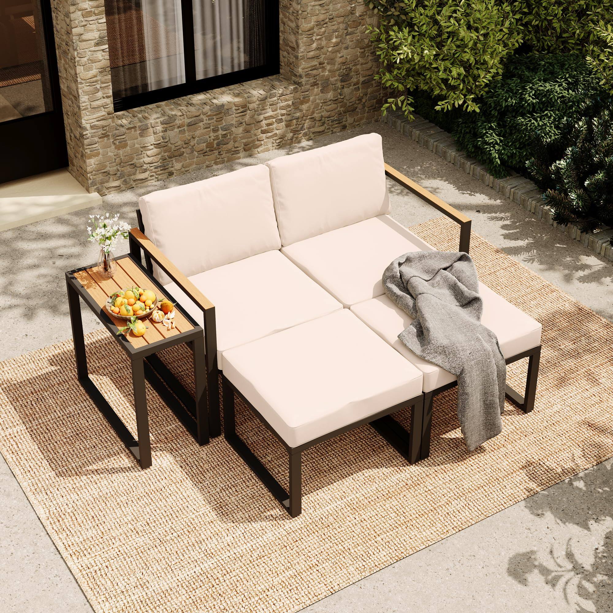 Back. Yardgrace - Yardgrace 5 Pieces Outdoor Conversation Set, Metal Patio Chairs with Thick Cushions 2 Ottomans&Side Table - Beige.