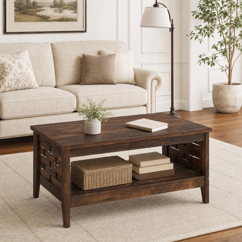 WELLFOR - 2-Tier Farmhouse Coffee Table with Open Shelf, Rectangular Center Table for Living Room - Rustic Brown
