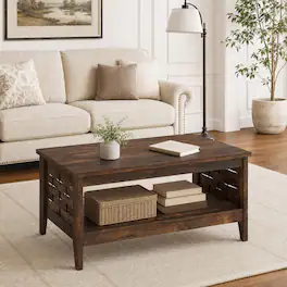 WELLFOR - 2-Tier Farmhouse Coffee Table with Open Shelf, Rectangular Center Table for Living Room - Rustic Brown