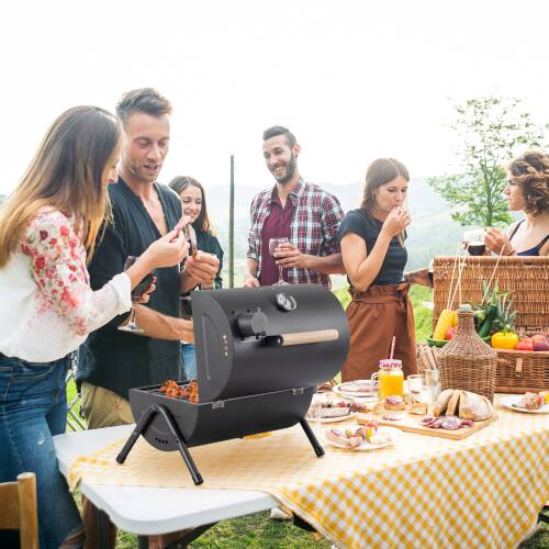 Alt View 8. Winado - 15in Portable Tabletop Barbecue Grill with Thermometer, Wooden Handle for Outdoor Camping BBQ Backyard Party Cooking - Black.