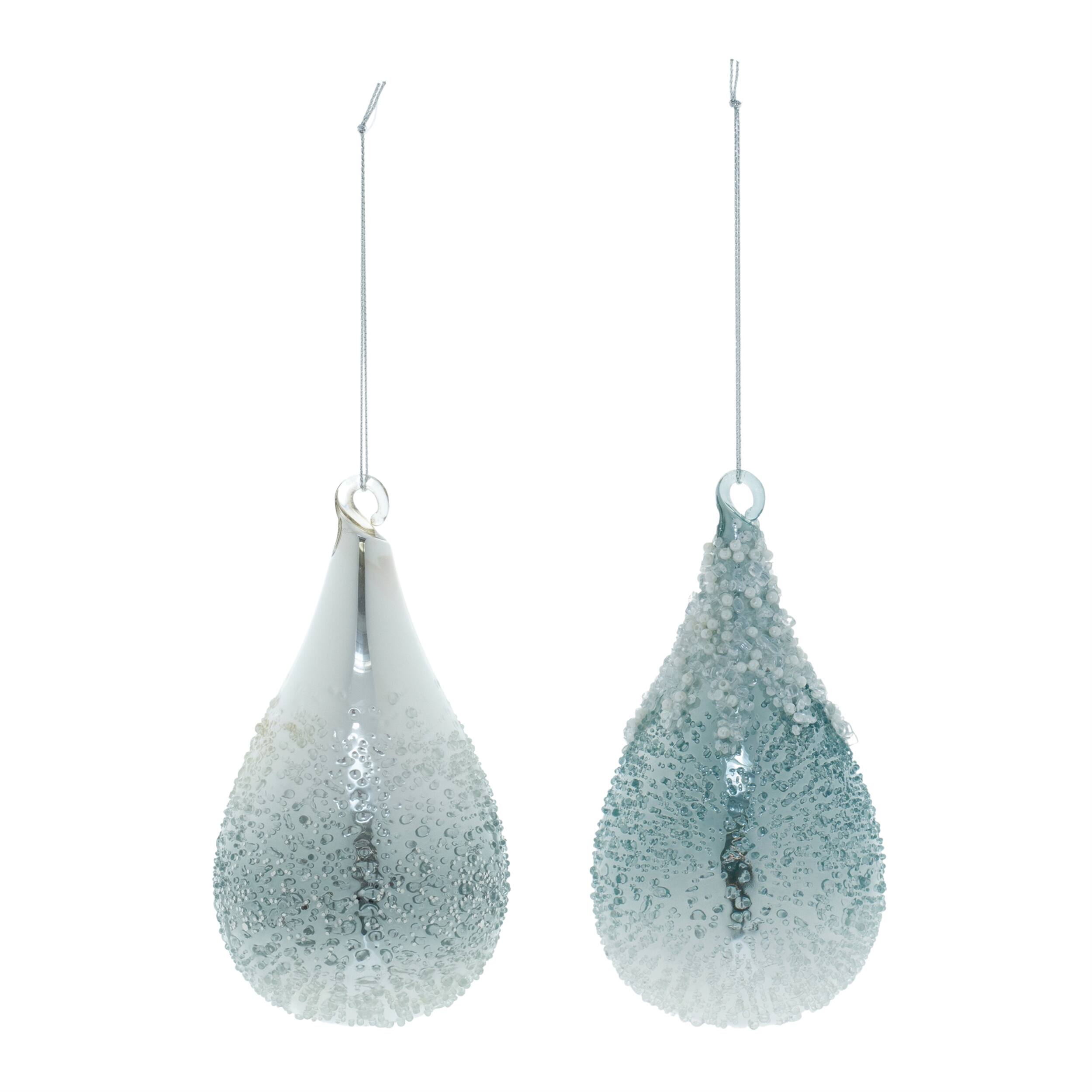 Angle. BreeBe - Seafoam Beaded Glass Teardrop Ornament (Set of 6) - Blue.