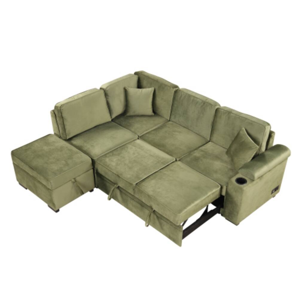 Alt View 7. LUCKY ONE - 84.75" 2-in-1 Pull-Out L-Shape Sleeper Sofa Bed w/ Storage Ottoman for Apartment - Green.
