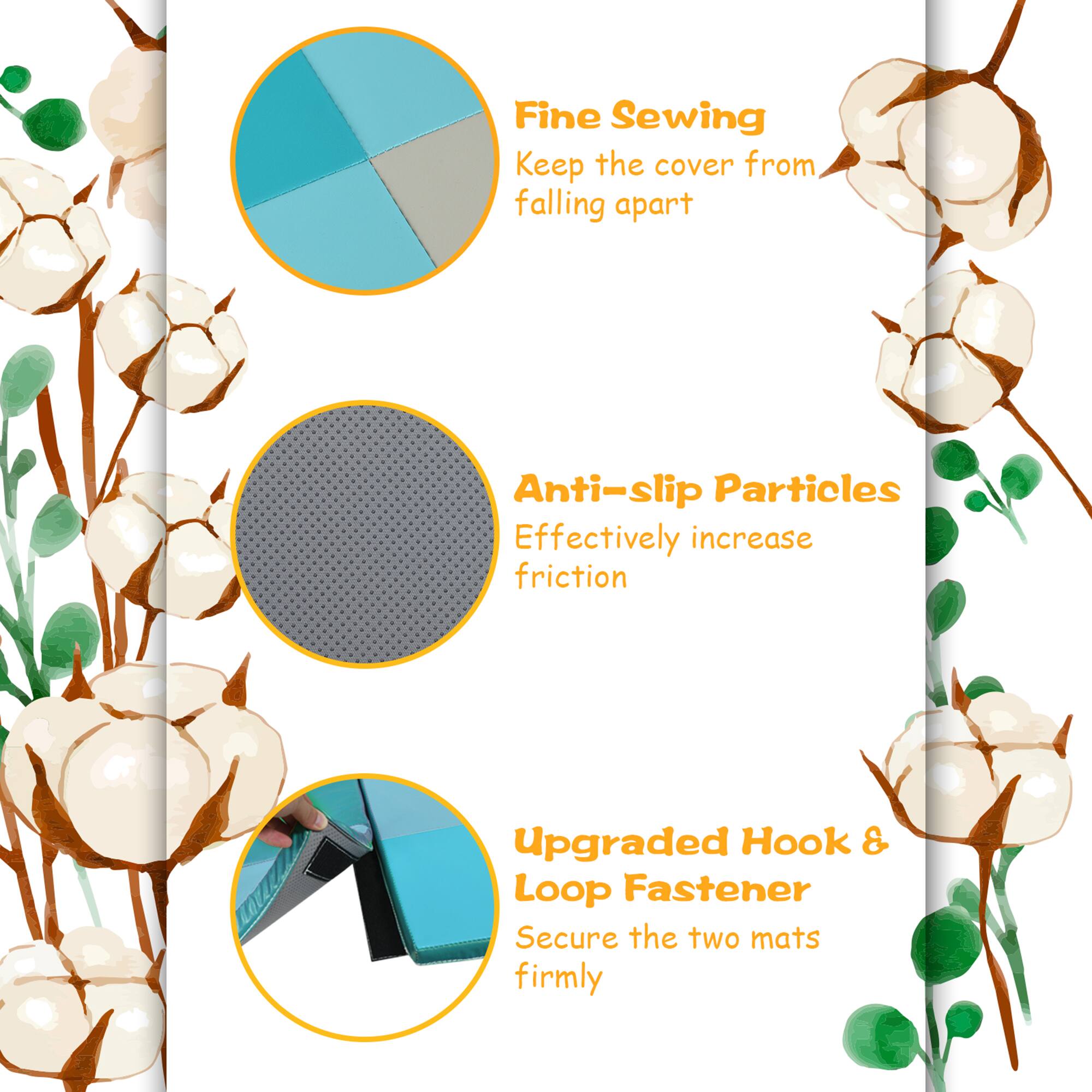 Fine Sewing: Keep the cover from falling apart.
Anti-slip Particles: Effectively increase friction.
Upgraded Hook & Loop Fastener: Secure the two mats firmly.