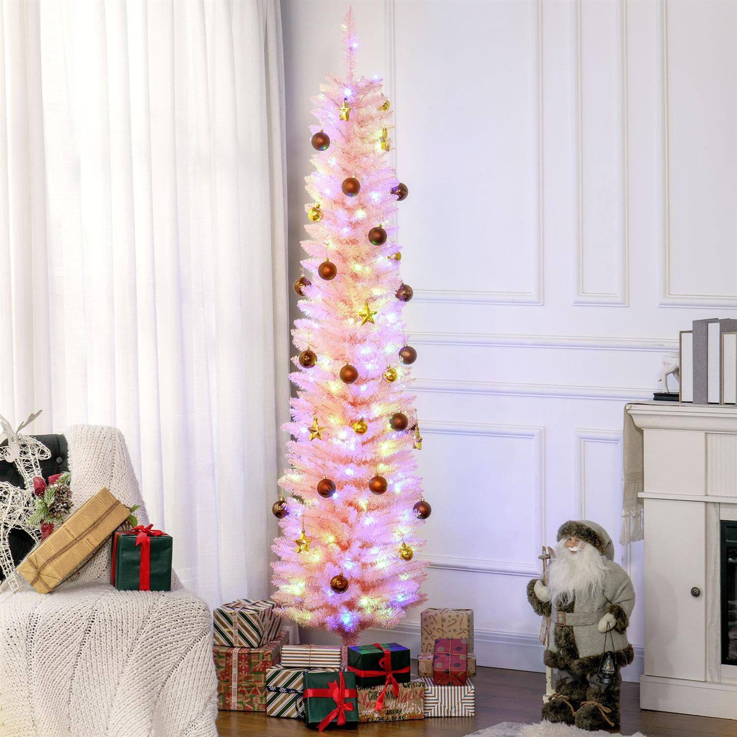 Pefilos - 7ft Tall Artificial Pencil Christmas Tree with Colorful Surface Branches and Colorful LED Lights - Pink