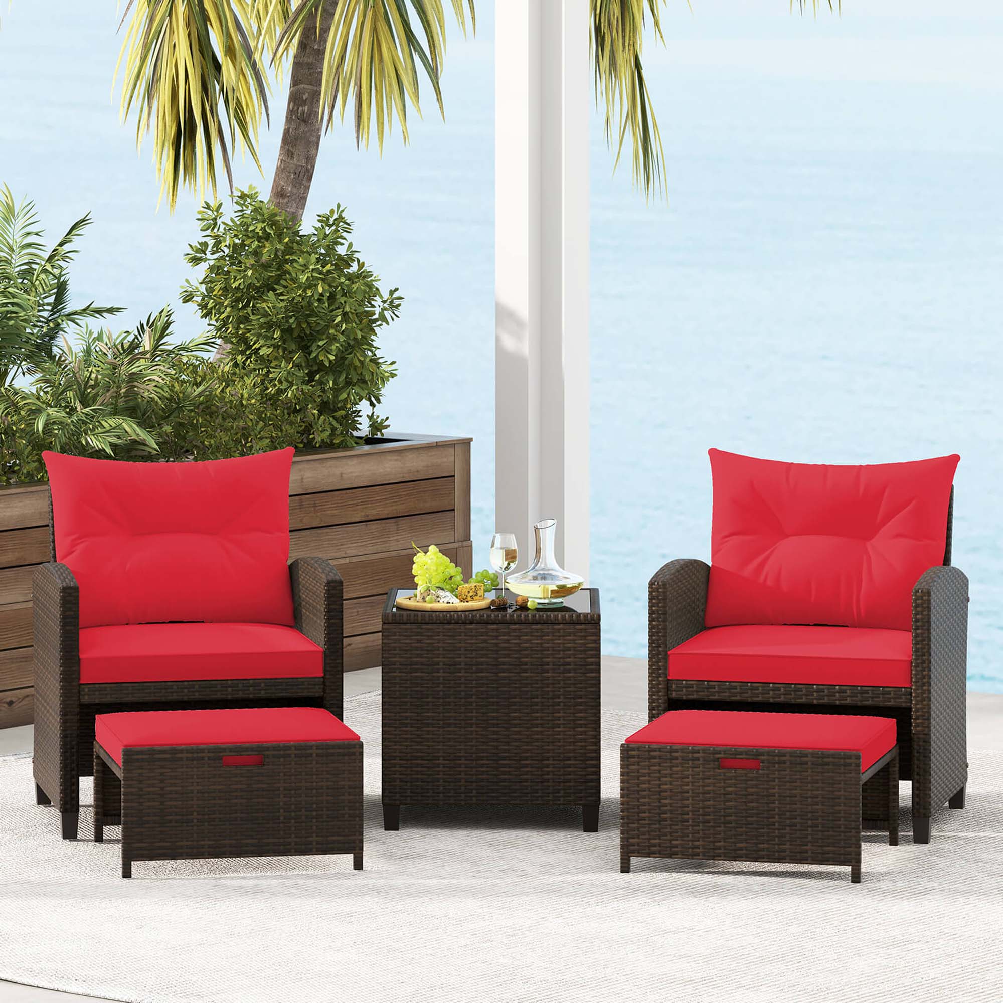 Alt View 4. Costway - Costway 5 PCS Patio Rattan Furniture with 2 Wicker Ottomans & Tempered Glass Coffee Table - Mix Brown + Red.