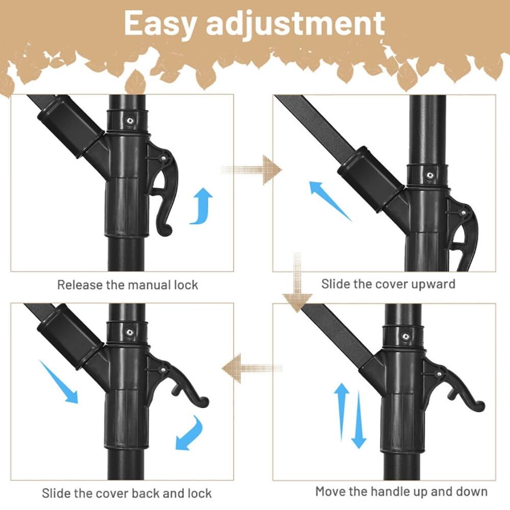 Easy adjustment

1. Release the manual lock
2. Slide the cover upward
3. Slide the cover back and lock
4. Move the handle up and down