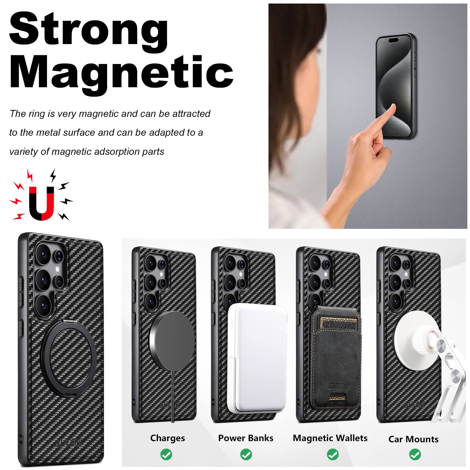 Strong Magnetic

The ring is very magnetic and can be attracted to the metal surface and can be adapted to a variety of magnetic adsorption parts

U

Charges Power Banks Magnetic Wallets Car Mounts