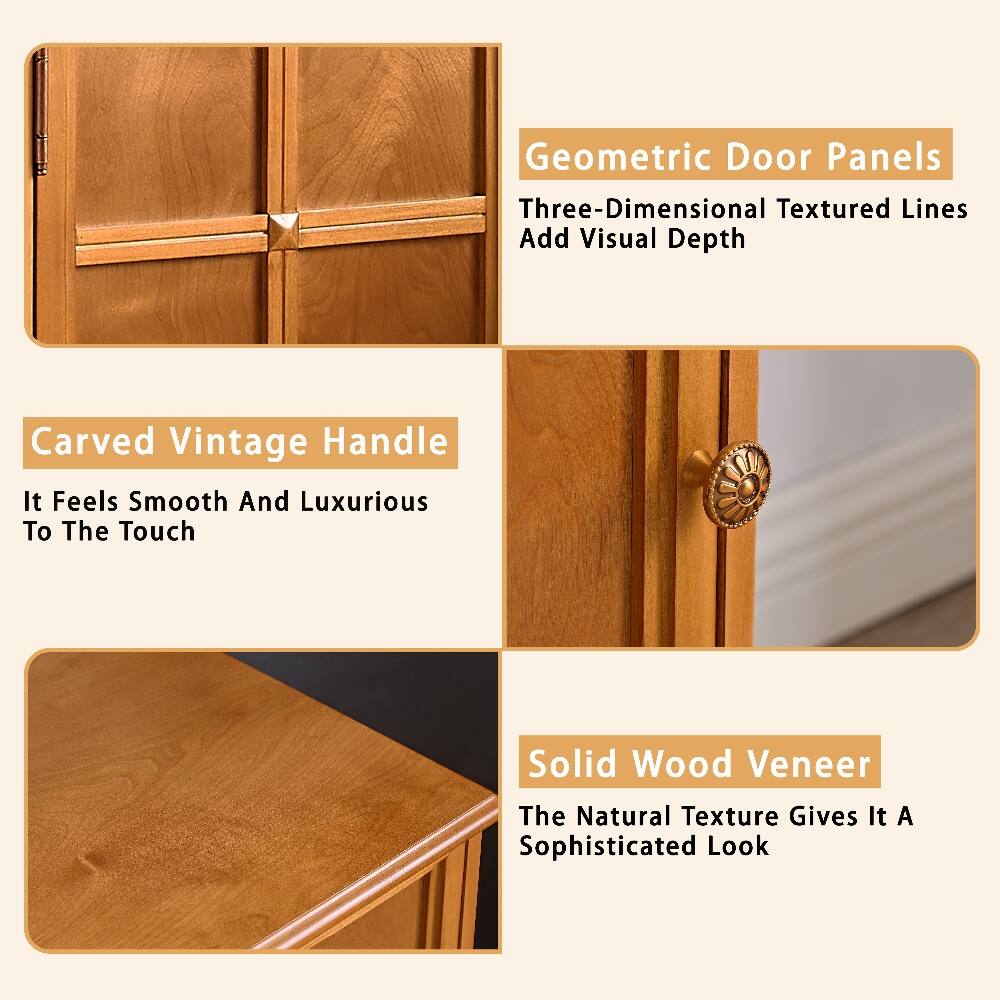 Geometric Door Panels  
Three-Dimensional Textured Lines Add Visual Depth

Carved Vintage Handle  
It Feels Smooth And Luxurious To The Touch

Solid Wood Veneer  
The Natural Texture Gives It A Sophisticated Look