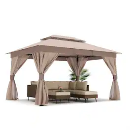 Decksplore - Semi-Permanent Patio Gazebo 10'x13' with Double Roofs, Mosquito Nettings and Privacy Screens - Champagne