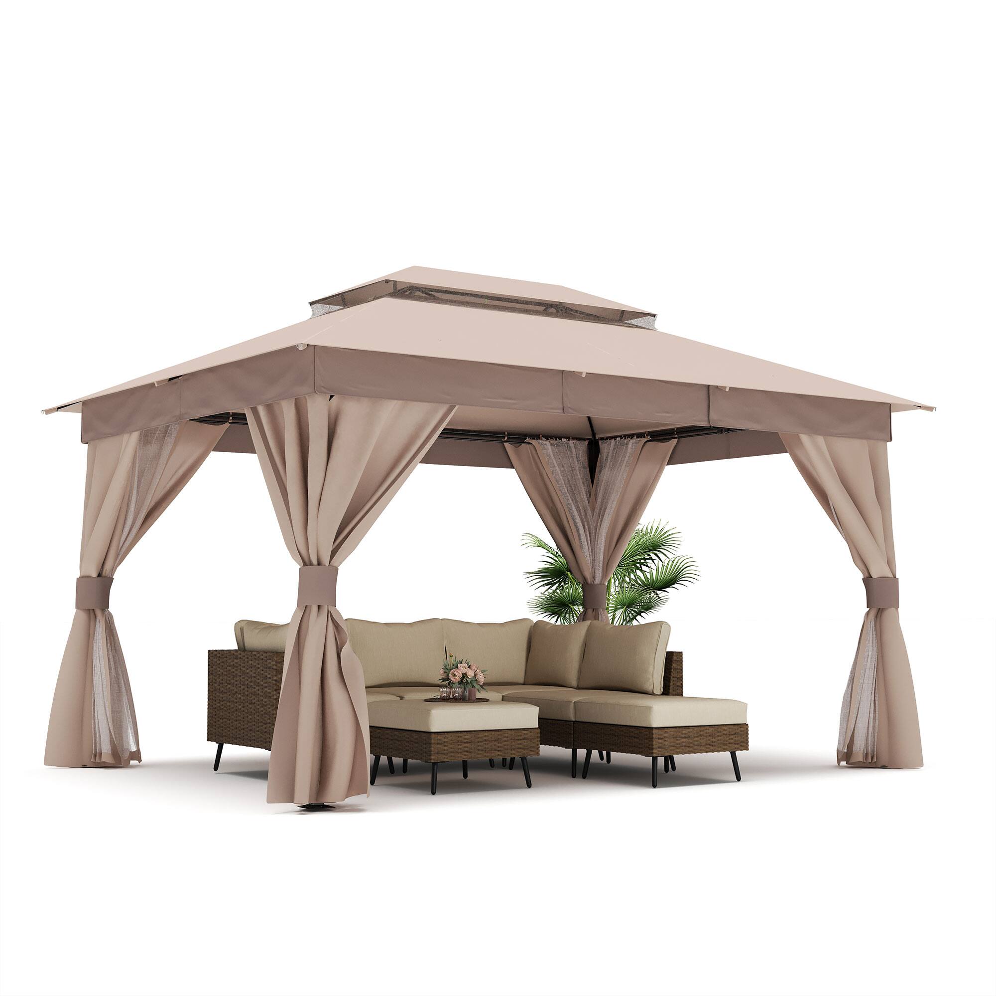 Front. Decksplore - Semi-Permanent Patio Gazebo 10'x13' with Double Roofs, Mosquito Nettings and Privacy Screens - champagne.