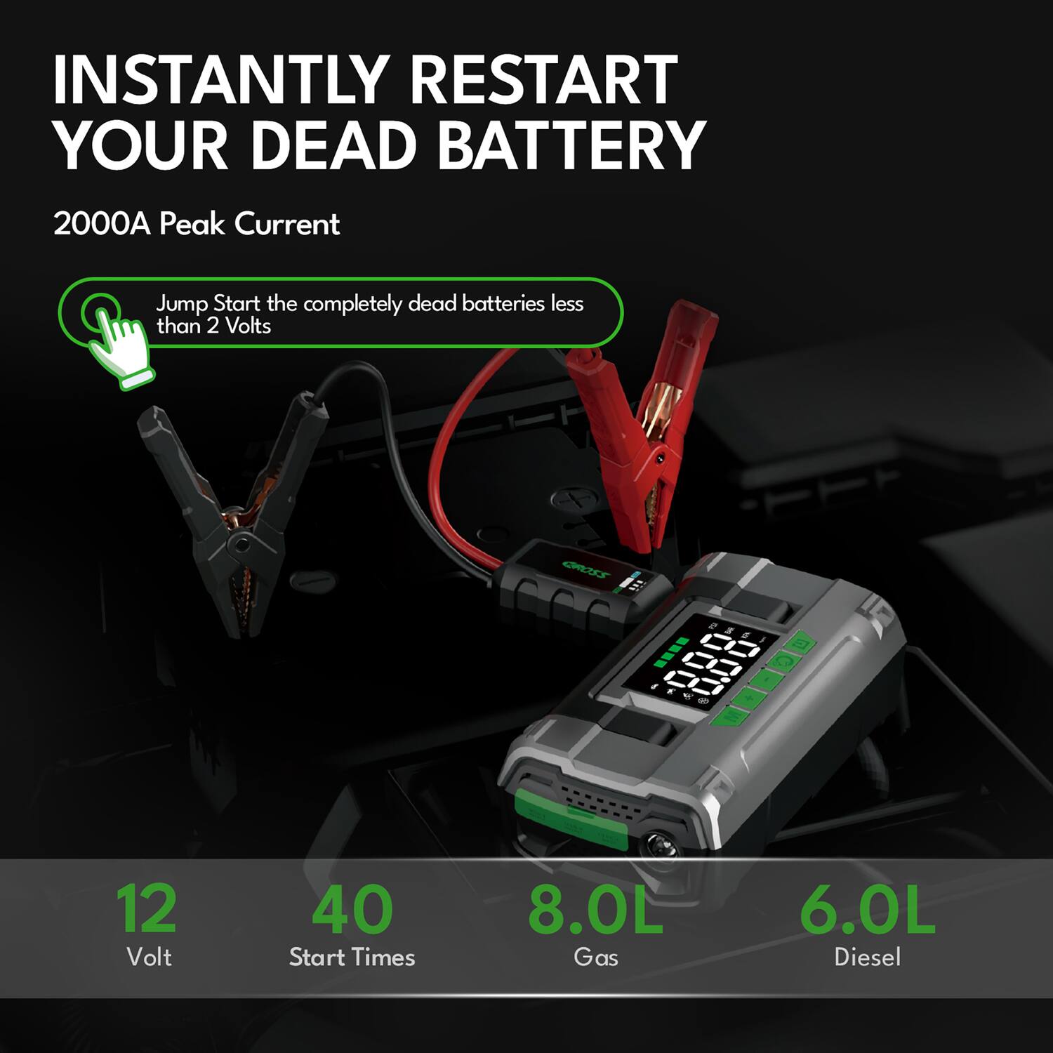 INSTANTLY RESTART YOUR DEAD BATTERY

2000A Peak Current

Jump Start the completely dead batteries less than 2 Volts

12 Volt
40 Start Times
8.0L Gas
6.0L Diesel
