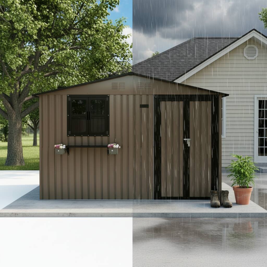 Alt View 1. Anysun - 10x8 FT Outdoor Metal Storage Shed with Window & Flower Rack – Lockable Double Doors Tool Shed, Waterproof Weatherproof - Brown.