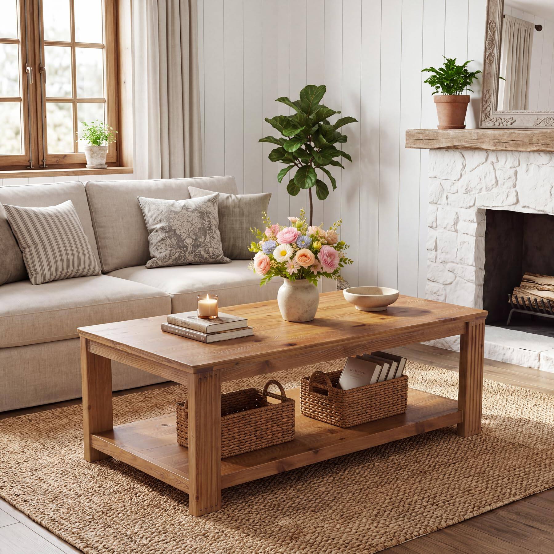 Back. Tribesigns - 55" Solid Wood Coffee Table with Storage Shelf, Rustic - Brown.