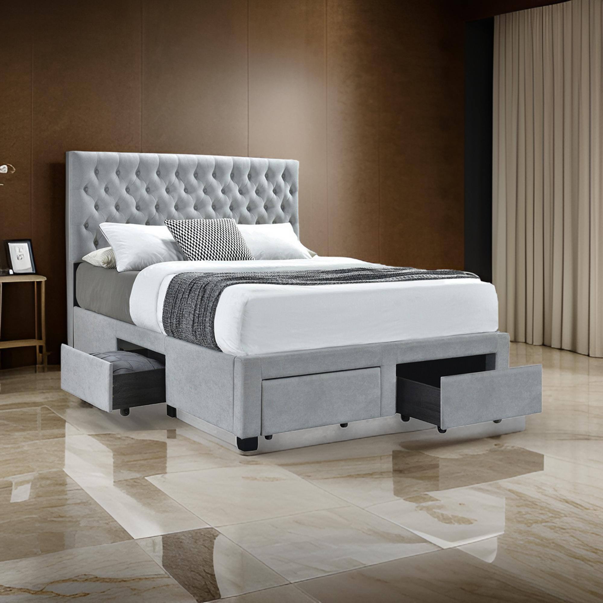 Alt View 2. Manhattan Lane - Fabric Upholstered Wooden Full Size Bed with Bottom Drawers - Gray.