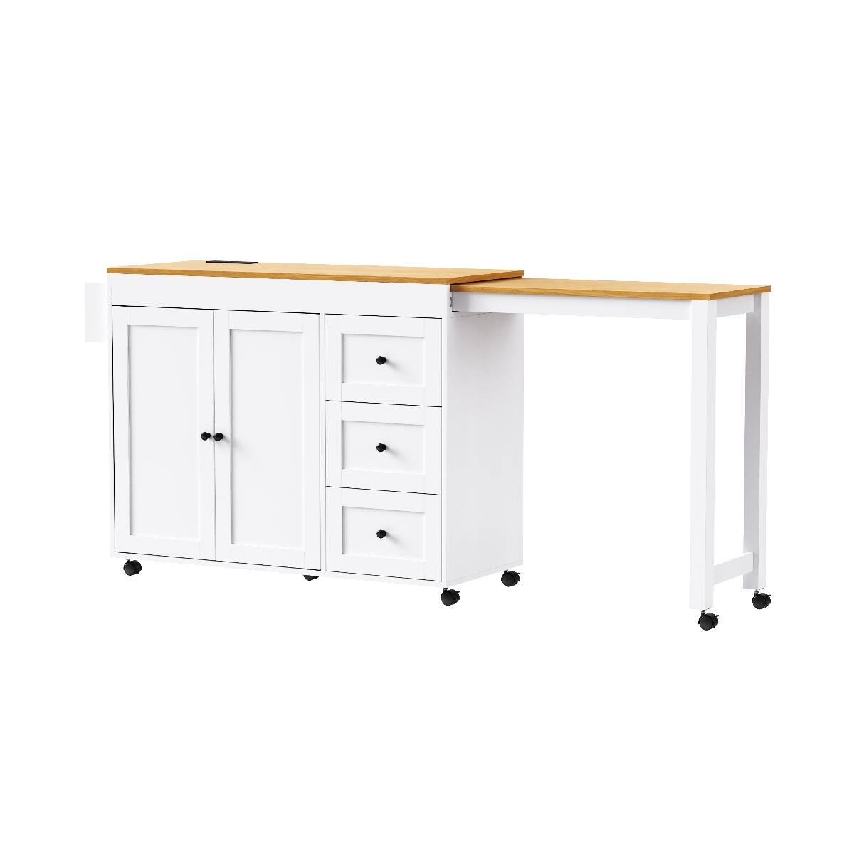 Left. Loheer - Loheer 74.8" Kitchen Island with Extendable Dining Table, White Kitchen Storage Cart with 3 Drawers & Power Outlet - White.