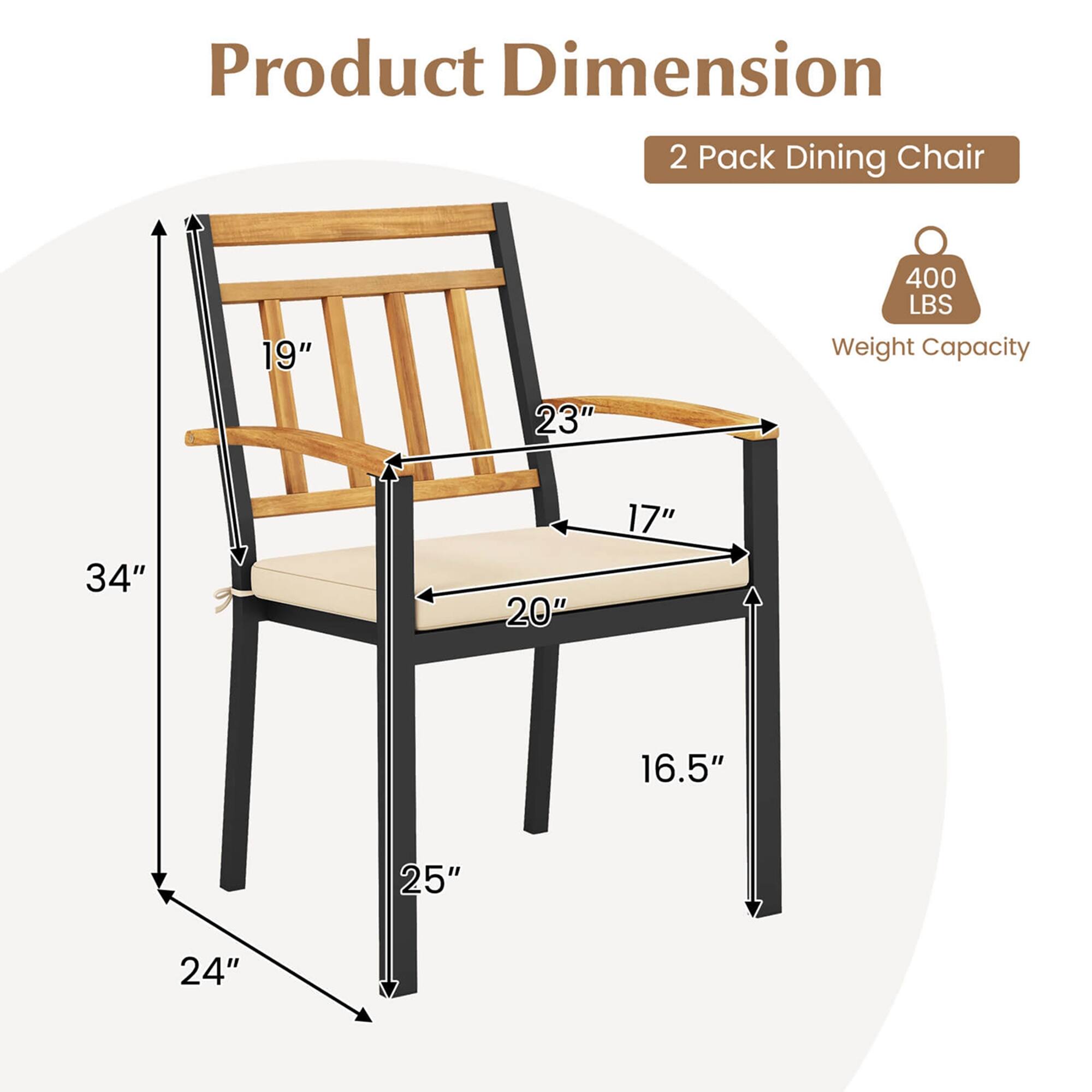 Product Dimension: 2 Pack Dining Chair with a weight capacity of 400 lbs. The chair measures 19" in height, 23" in width, 34" in depth, and has a seat height of 17". The chair also has a backrest height of 25" and an armrest height of 24".