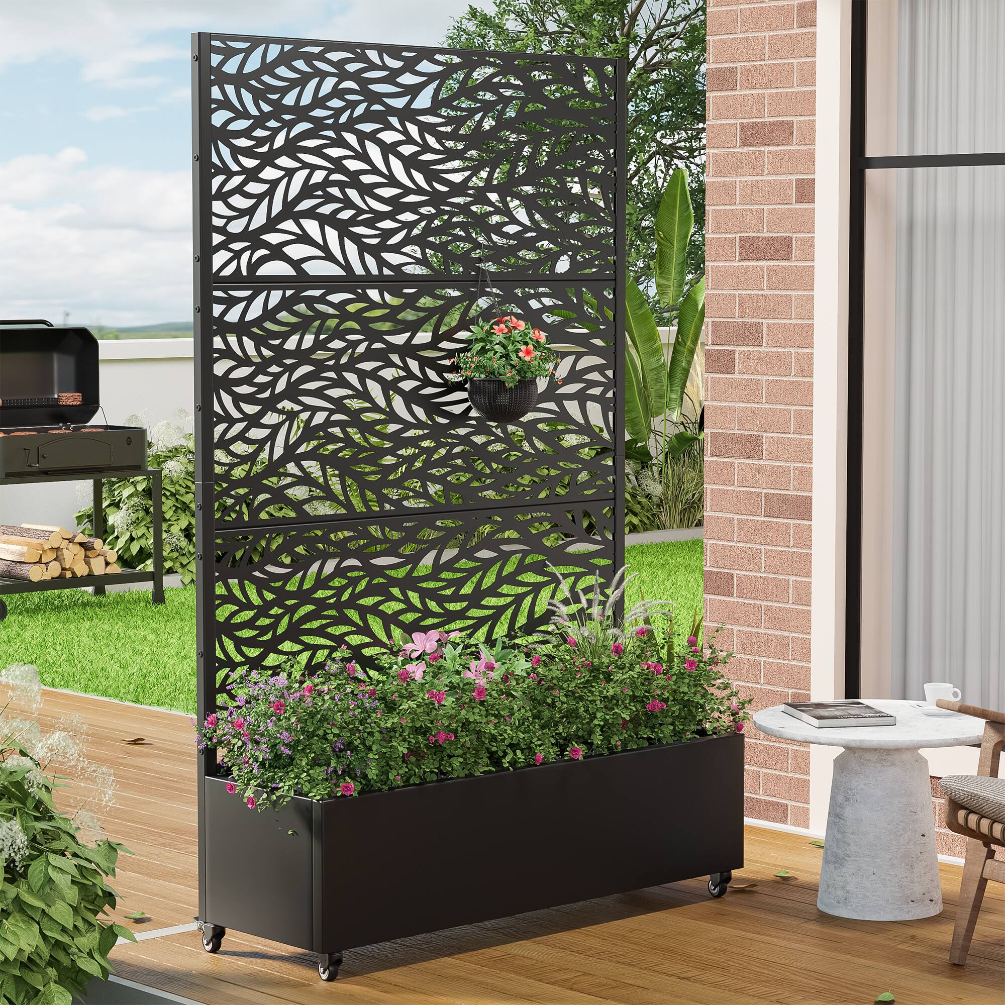 Alt View 1. PexFix - 72 in. H x 47 in. W Spring Pattern Rectangle Metal Planter Box Raised Garden Beds with Trellis-Ideal for Balcony - Black.