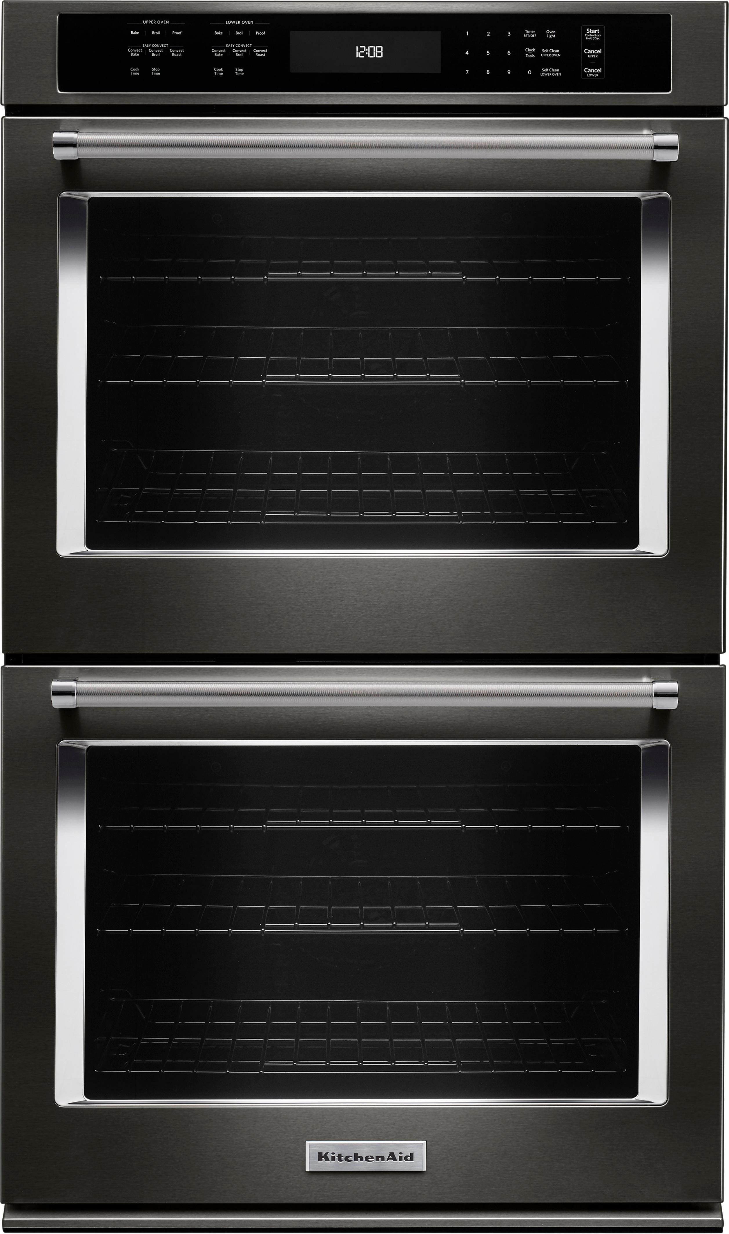 Front. KitchenAid - 30" Built-In Double Electric Convection Wall Oven - Black stainless steel.