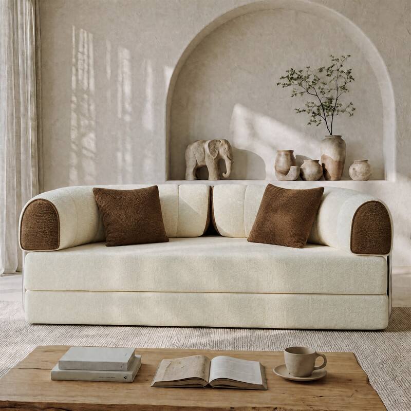 Left. Vipbear - 78.8" Round Boneless Couch, Convertible Loveseat Sleeper Sofa Bed for Small Spaces, Apartment, Dorm - off-white/brown.