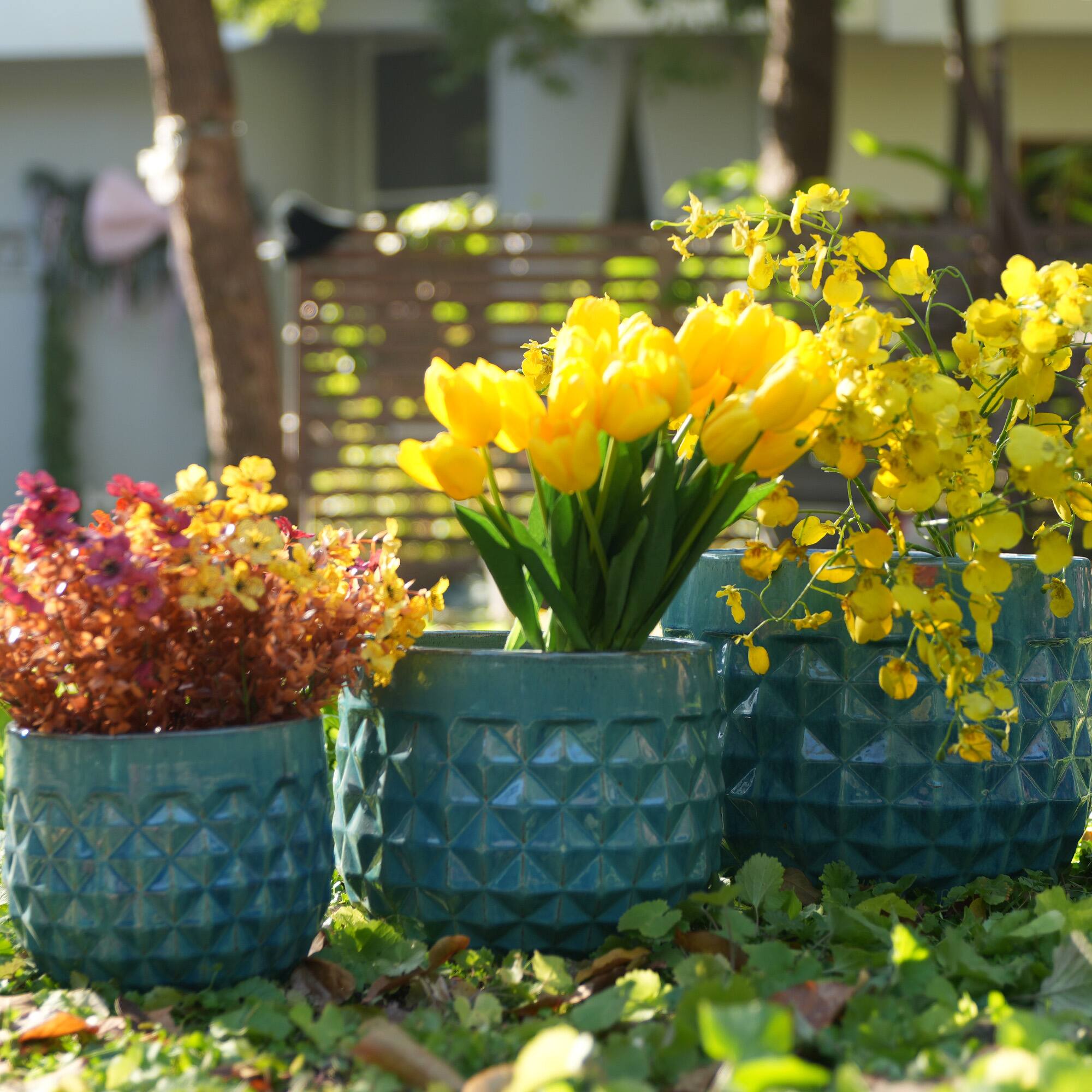 Angle. Loheer - Loheer Ceramic Planter Set, Hand Glazed Teal Planter Set of 3 with Drainage Holes for Patio Herbs Succulents.