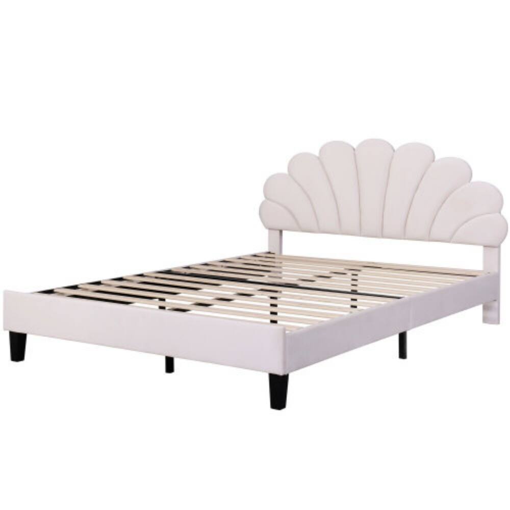 Back. LUCKY ONE - Queen Size Upholstered Platform Bed with Flower Pattern Velvet Headboard, Wood Slats, No Box Spring Needed - Beige.