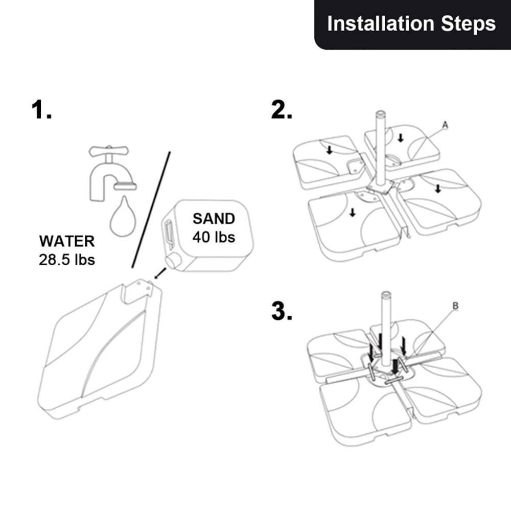 Installation Steps

1. Add 28.5 lbs of water and 40 lbs of sand.

2. 

3.