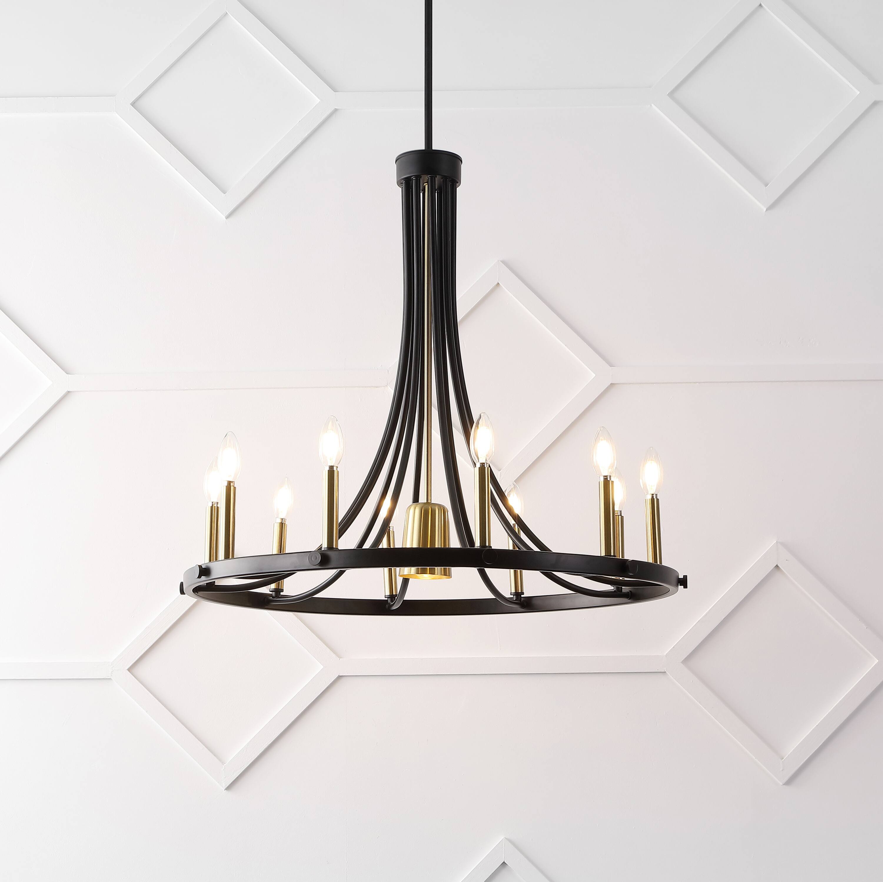 Alt View 1. Jonathan Y - Dante 30" 11-Light Transitional Iron Adjustable Wagon Wheel LED Chandelier with Downlight, Black/Brass Gold - Black/Brass Gold.