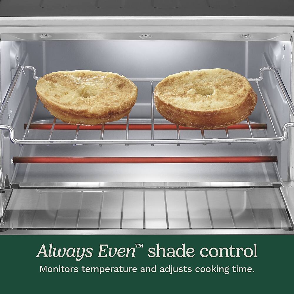 The text on the image reads, "Always EvenTM shade control Monitors temperature and adjusts cooking time."