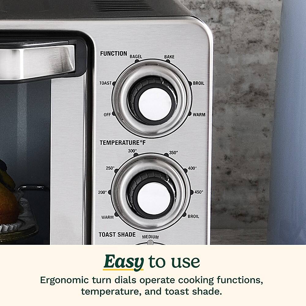 Easy to use ergonomic turn dials operate cooking functions, temperature, and toast shade.