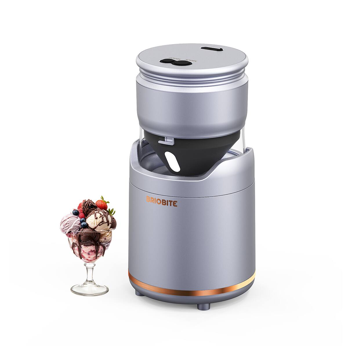 Angle. BRIOBITE - Portable USB-C Rechargeable Ice Cream Maker-Electric Machine for Gelato,Milkshakes&Sorbet,1-2 Servings,Easy to Clean - Silver.