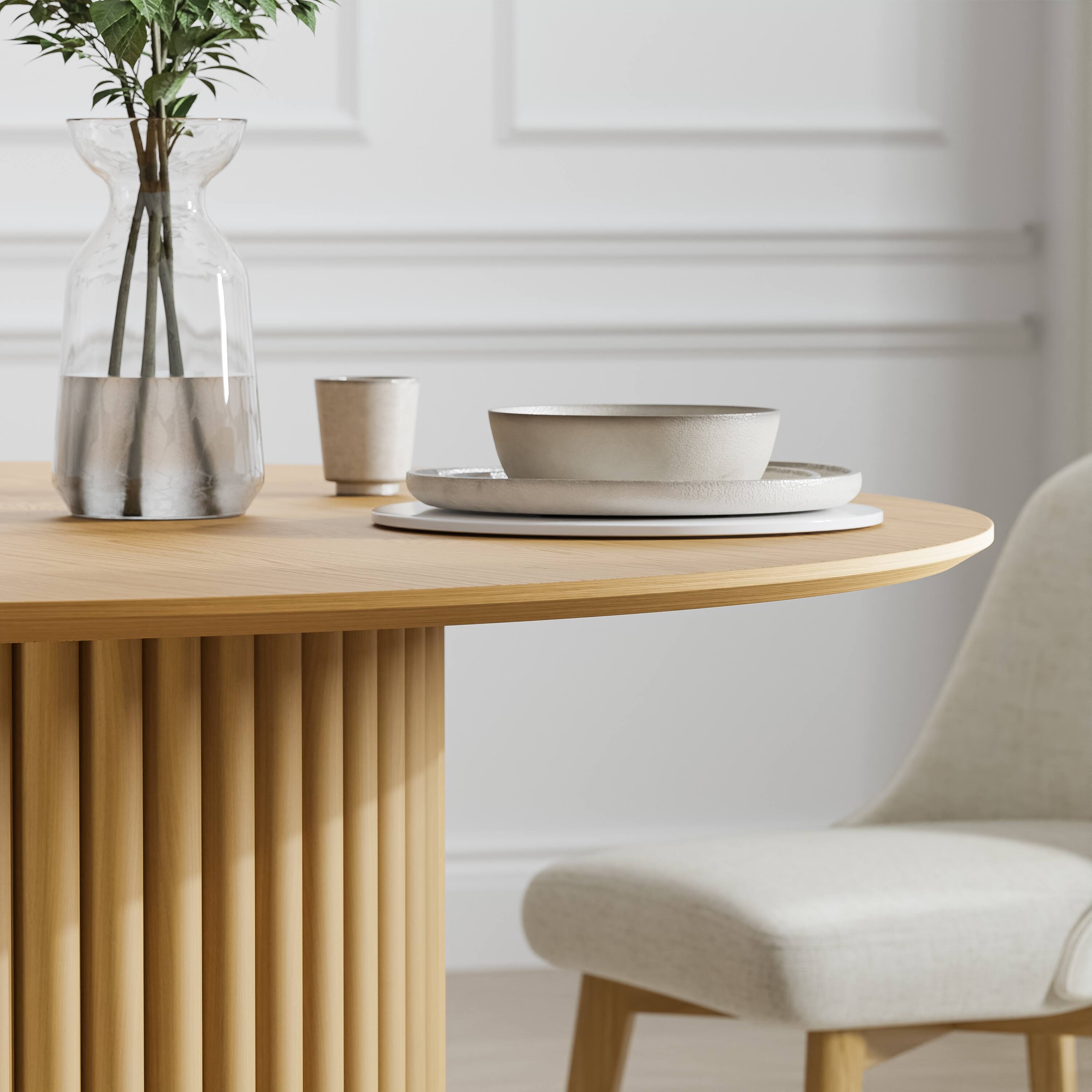 Alt View 3. PexFix - Minimalist Farmhouse Round Solid Oak 46 in. W Column Base Kitchen & Dining Table Seats 4 - Natural.