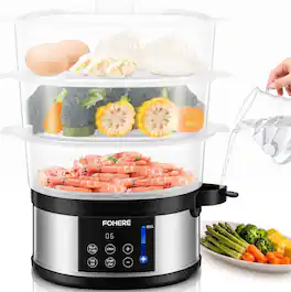 FOHERE - 3 Tier Food Steamer 13.7QT, 800W Electric Food Steamer for Cooking, Auto Shut-off 60-min Timer, 24H Delay Start - Black