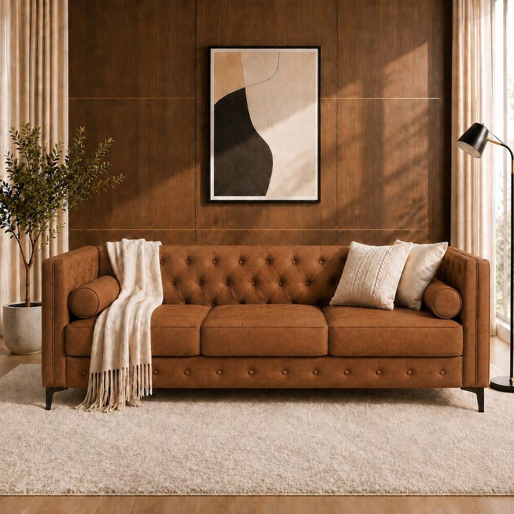 Alt View 4. Loheer - Loheer 78.5-Inch Brown Faux Leather Sofa, Mid-Century Modern 3-Seater Couch with Button Tufted Deep Seat - Brown.