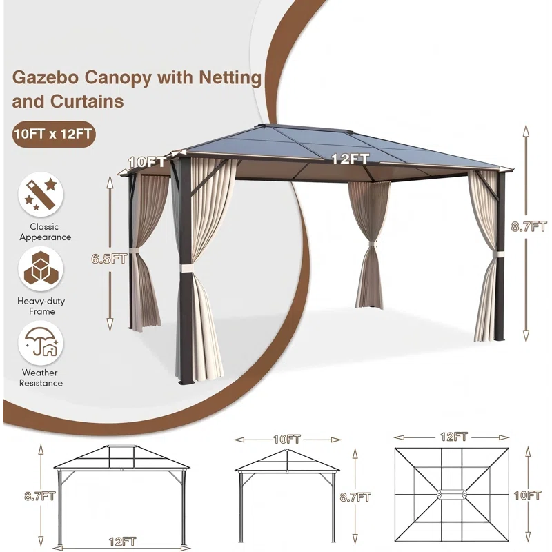 Gazebo Canopy with Netting and Curtains  
10FT x 12FT  
Classic Appearance  
Heavy-duty Frame  
Weather Resistance  
8.7FT  
6.5FT