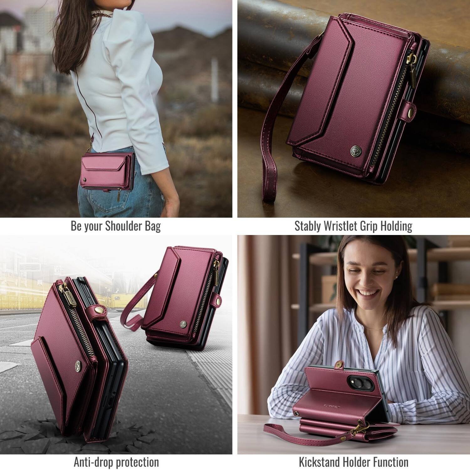 Be your Shoulder Bag  
Stably Wristlet Grip Holding  
Anti-drop protection  
Kickstand Holder Function