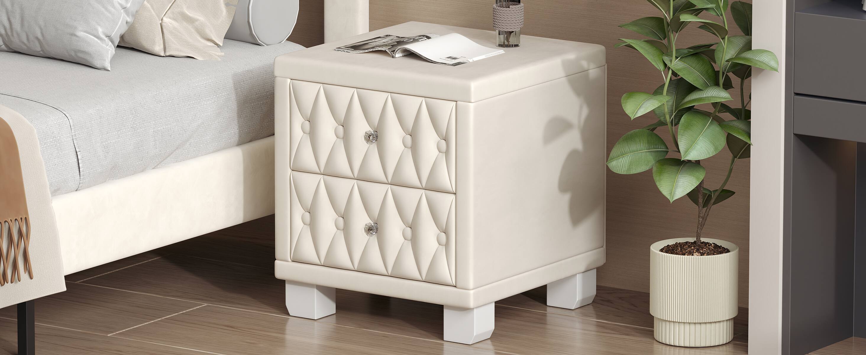 Alt View 9. Tiramisubest - Elegant Velvet Nightstand with 2 Drawers and Crystal Handle, Storage Bedside Table with Button-Tufted, Beige - Beige.
