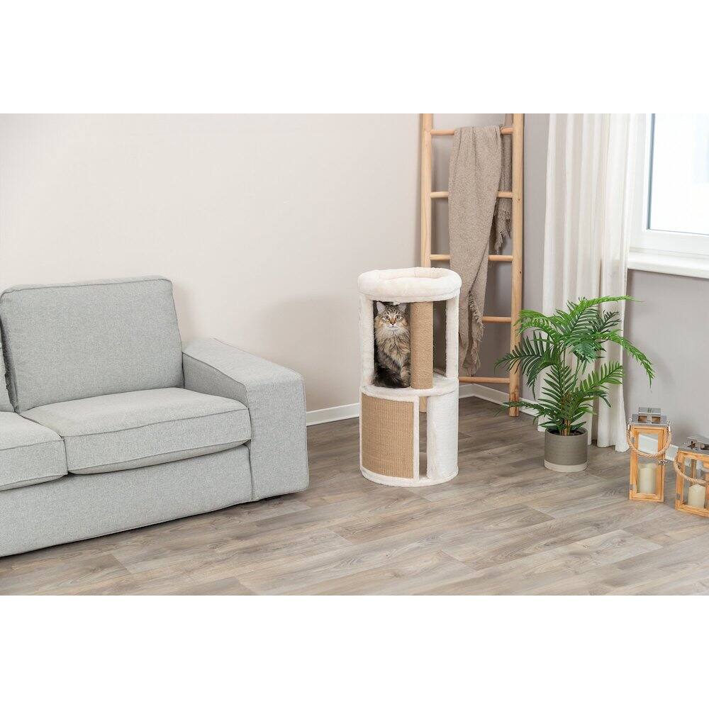 Angle. TRIXIE - Giorgia Plush & Sisal 32" Cat Condo Tower, Scratching Posts  with Padded Bed - Beige.