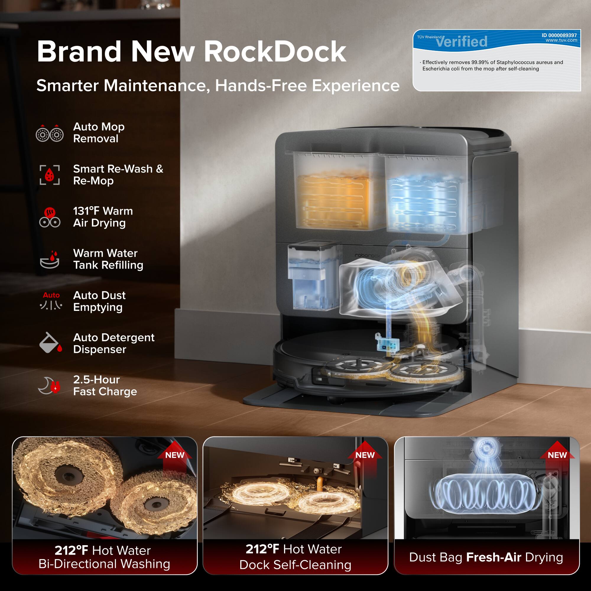 Brand New RockDock  
Smarter Maintenance, Hands-Free Experience  

- Auto Mop Removal  
- Smart Re-Wash & Re-Mop  
- 131°F Warm Air Drying  
- Warm Water Tank Refilling  
- Auto Dust Emptying  
- Auto Detergent Dispenser  
- 2.5-Hour Fast Charge  

NEW  
212°F Hot Water Bi-Directional Washing  

NEW  
212°F Hot Water Dock Self-Cleaning  

NEW  
Dust Bag Fresh-Air Drying  

Verified  
Effectively removes 99.9% of Staphylococcus aureus and Escherichia coli from the mop after self-cleaning