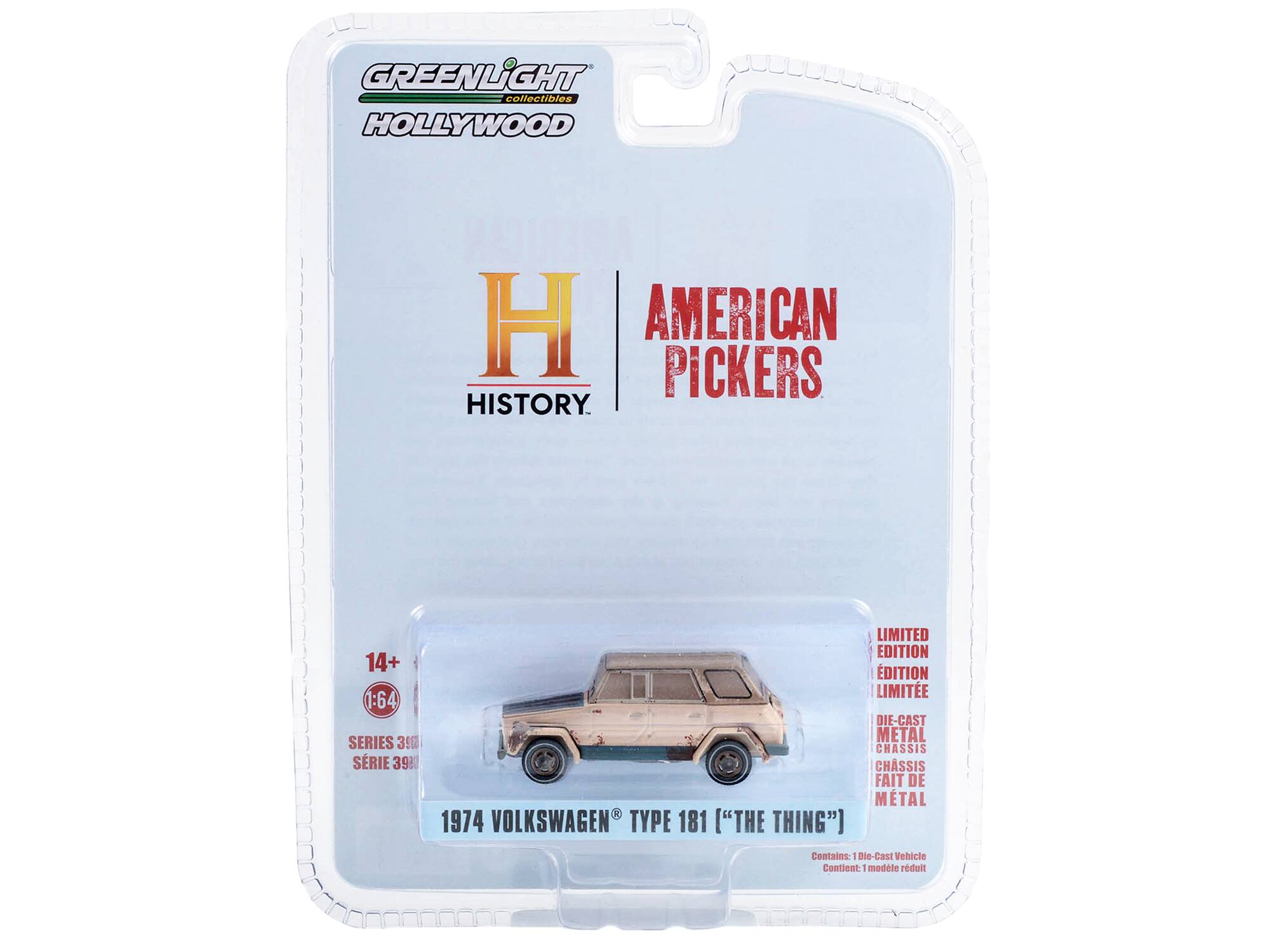 GREENLIGHT collectibles HOLLYWOOD H AMERICAN PICKERS HISTORY 14+ 1:64 SERIES 390 SÉRIE 390 LIMITED EDITION ÉDITION LIMITÉE DIE-CAST METAL CHASSIS CHASSIS FAIT DE METAL 1974 VOLKSWAGEN TYPE 181 "THE THING" Contains: Die-Cast Vehicle Contient: modèle réduit