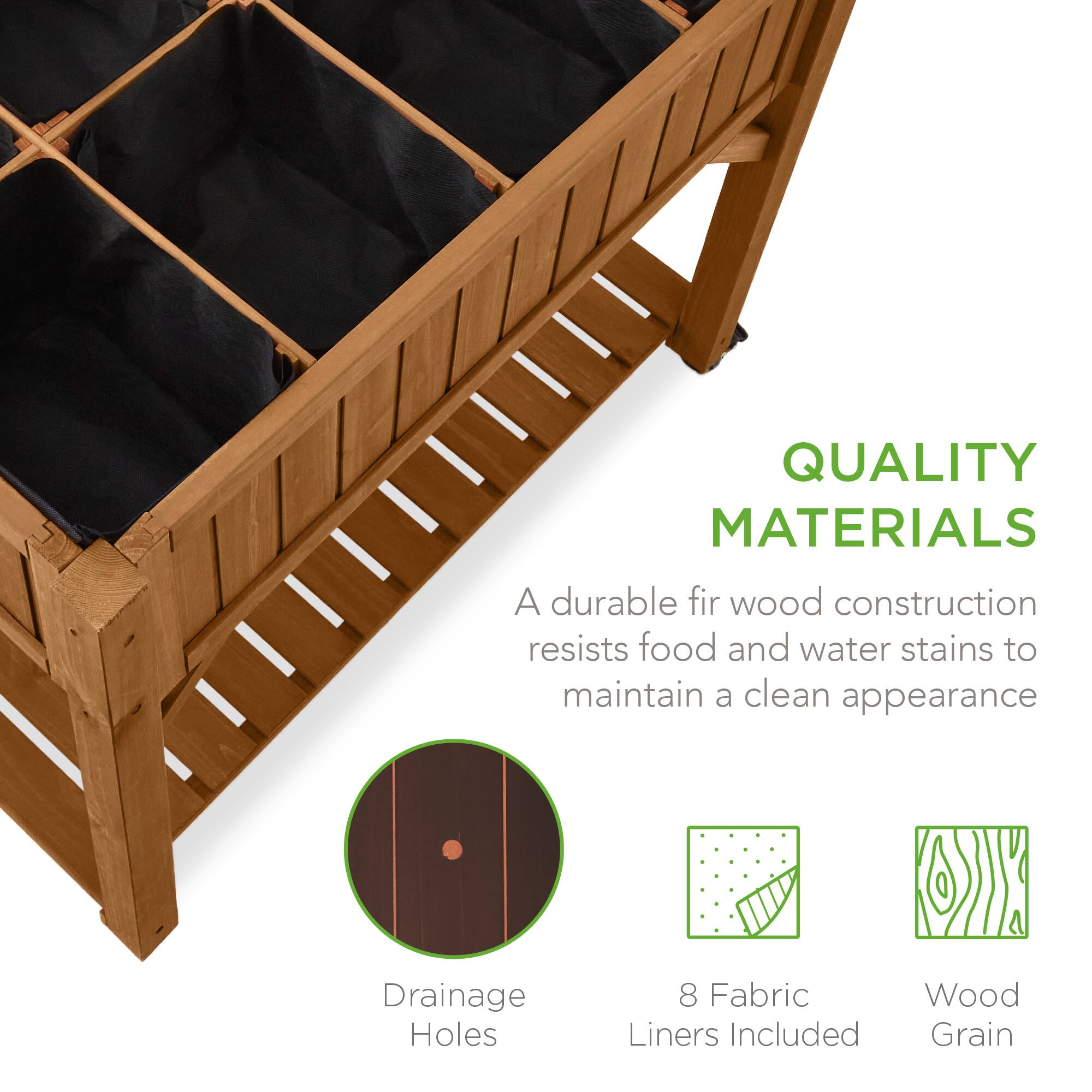 QUALITY MATERIALS

A durable fir wood construction resists food and water stains to maintain a clean appearance

- Drainage Holes
- 8 Fabric Liners Included
- Wood Grain