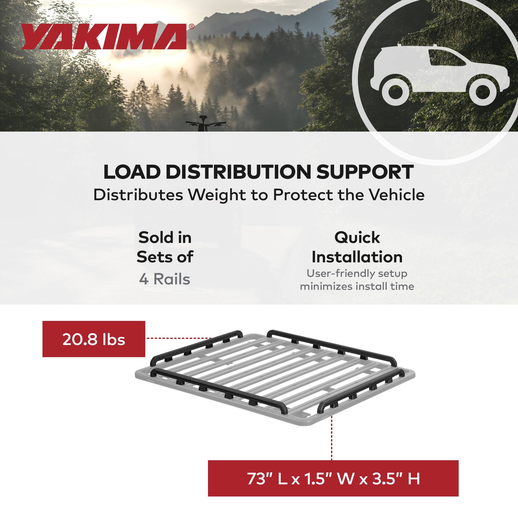 YAKIMA LOAD DISTRIBUTION SUPPORT  
Distributes Weight to Protect the Vehicle  
Sold in Sets of 4 Rails  
Quick Installation  
User-friendly setup minimizes install time  

20.8 lbs  
73" L x 1.5" W x 3.5" H